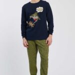 PIGIAMA UOMO HAPPY PEOPLE "NON DORMO DA SOLO" A GIROCOLLO IN CALDO COTONE CON MAGLIA BLU E PANTALONE A SCACCHI GIALLO E BLU