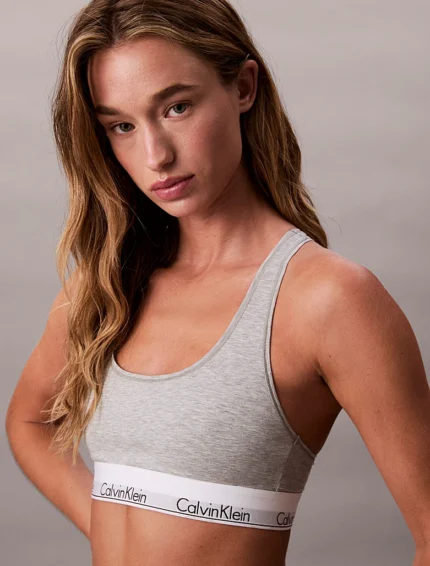 BRASSIERE NON IMBOTTITA IN COTONE GRIGIO CALVIN KLEIN DONNA CON INCROCIO SULLA SCHIENA ED ELASTICO LOGATO