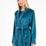 VESTAGLIA CASA DONNA GISELA IN PILE COLOR OTTANIO CON COLLO REVERSE E CINTURINA