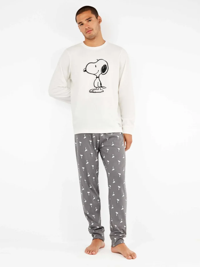 PIGIAMA UOMO GISELA IN CALDO COTONE CON GIROCOLLO, STAMPA SNOOPY E PANTALONE GRIGIO