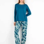 PIGIAMA DONNA GISELA MAGLIA COLOR PETROLIO IN COTONE E PANTALONE AMPIO STAMPATO