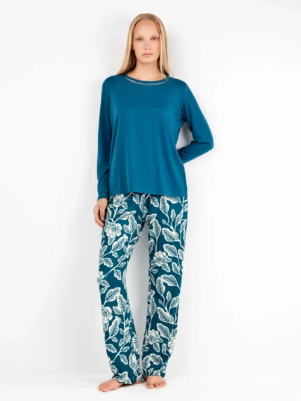 PIGIAMA DONNA GISELA MAGLIA COLOR PETROLIO IN COTONE E PANTALONE AMPIO STAMPATO