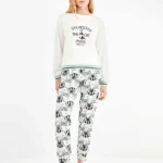 PIGIAMA DONNA GISELA A GIROCOLLO IN CALDO COTONE CON STAMPA DI GATTO SILVESTRO