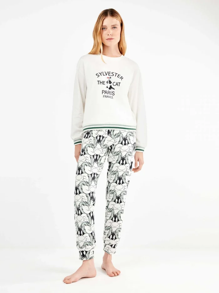 PIGIAMA DONNA GISELA A GIROCOLLO IN CALDO COTONE CON STAMPA DI GATTO SILVESTRO