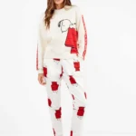 PIGIAMA DONNA GISELA IN PILE BIANCO E ROSSO CON STAMPA DI SNOOPY