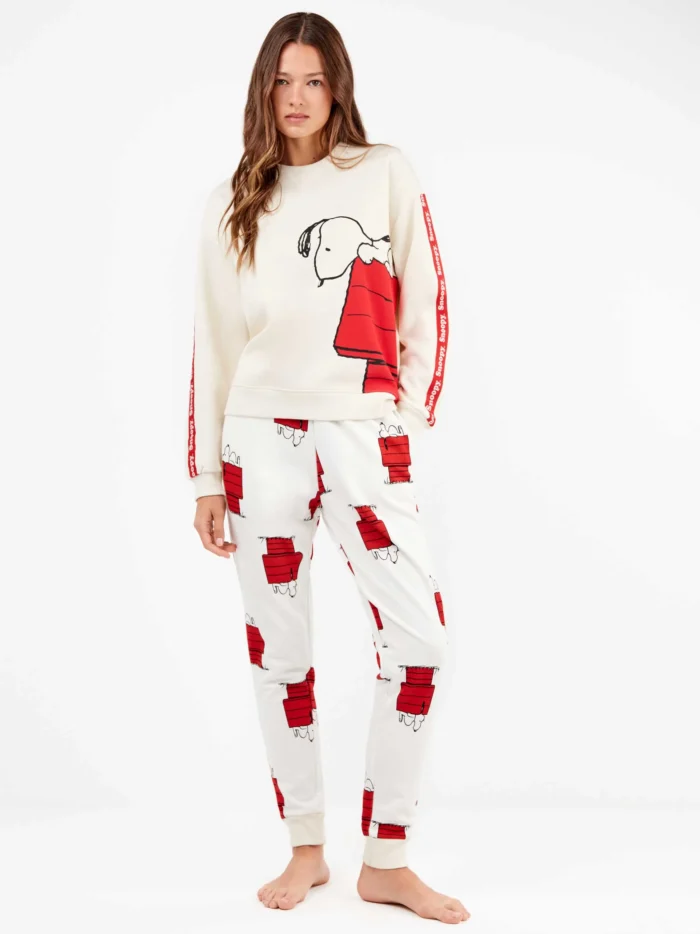 PIGIAMA DONNA GISELA IN PILE BIANCO E ROSSO CON STAMPA DI SNOOPY