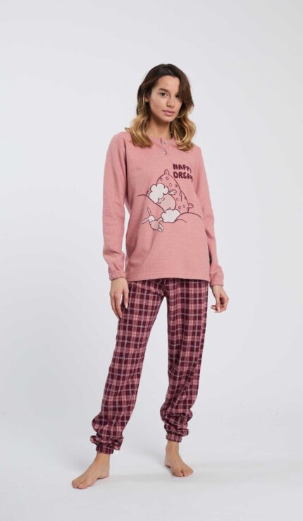 pigiama donna happy people in pile leggero a serfaino nei colori rasa e viola con stampa "sleeping is my talent"