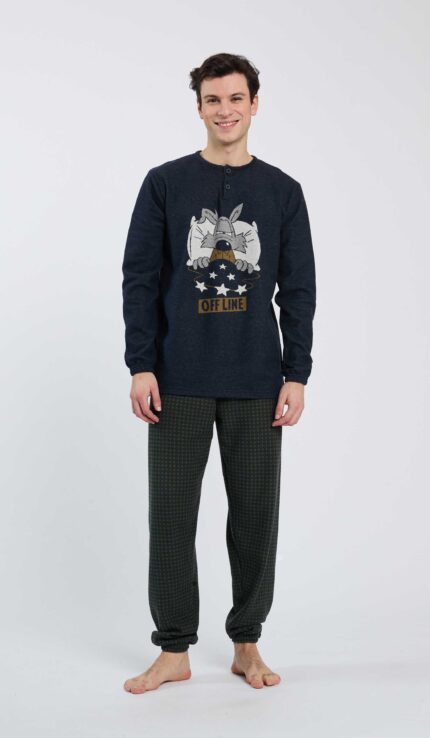 PIGIAMA UOMO HAPPY PEOPLE A SERAFINO IN PILE LEGGERO "OFF LINE" NEL COLORE BLU
