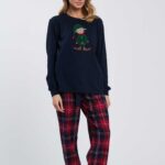 PIGIAMA DONNA HAPPY PEOPLE A GIROCOLLO IN CADO COTONE PRENTALE CON MAGLIA CON STAMPA BLU E PANTALONE A SCACCHI CON POLSINO