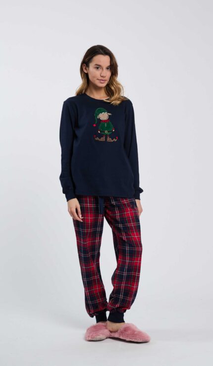 PIGIAMA DONNA HAPPY PEOPLE A GIROCOLLO IN CADO COTONE PRENTALE CON MAGLIA CON STAMPA BLU E PANTALONE A SCACCHI CON POLSINO