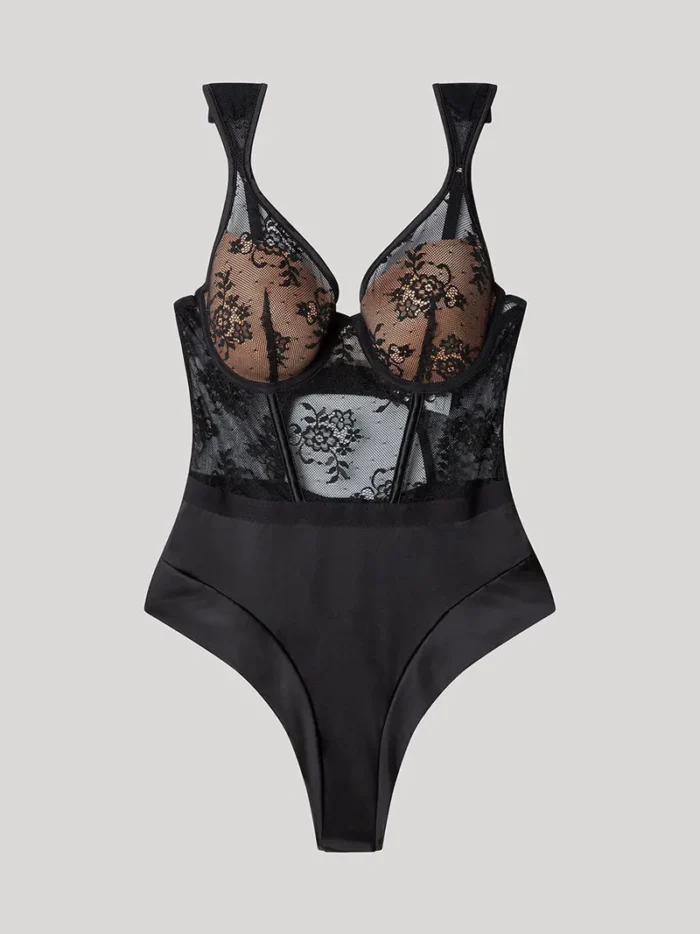 BODY GISELA CON COPPA PREFORMATA E FERRETTO E SPALLINA IMBOTTITA IN PIZZO E MICROFIBRA NERA - immagine 6