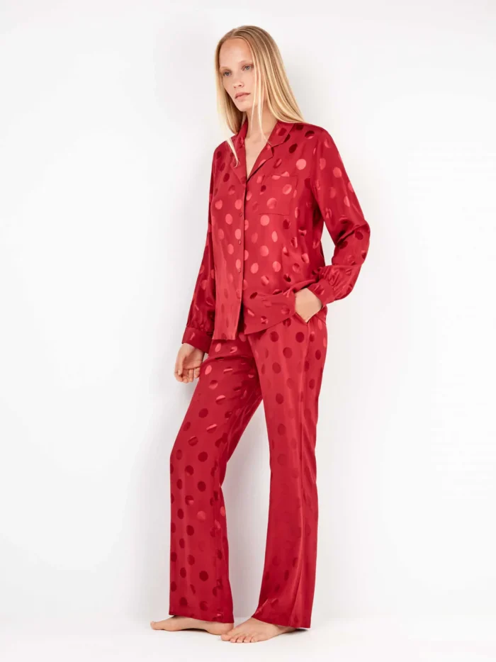 PIGIAMA DONNA GISELA A CAMICIA IN VISCOSA ROSSA CON POIS TONO SU TONO