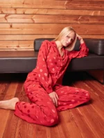 PIGIAMA DONNA GISELA A CAMICIA IN VISCOSA ROSSO CON POIS TONO SU TONO - immagine 4