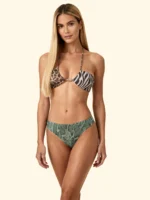 COSTUME DONNA EFFEK A DUE PEZZI DELLA STAGIONE ESTATE 2026. FASCIA CON IMBOTTITURA ESTRAIBILE. TESSUTO CON LEGGERO LUREX NELLE 3 FANTASIE DI ANIMALIER. COLULOTTE. DETTAGLIO CON PERLINE