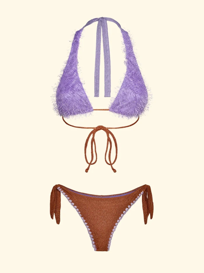 COSTUME DONNA EFFEK TRIANGOLO ALTO "PELOSO" LILLA E BRASILIANA CON FIOCCHI IN LUREX BRUCIATO - immagine 3