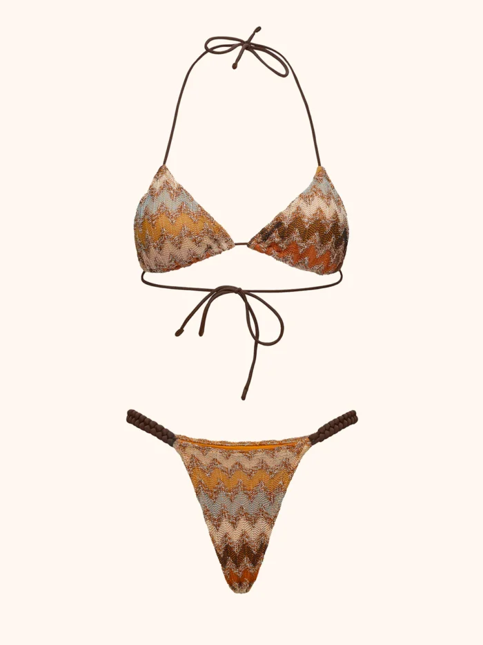 COSTUME DONNA ME FUI COLORI DELLA TERRA. TESSUTO TRAFORATO TRIANGOLO E BRASILIANA CON TRECCIA LATERALE - immagine 2