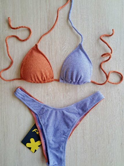 COSTUME DONNA EFFEK A DUE PEZZI DELLA STAGIONE ESTATE 2026. TRIANGOLO CON IMBOTTITURA ESTRAIBILE IN LUREX COLO LILLA E ARANCIO