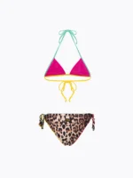 COSTUME BIMBA EFFEK A DUE PEZZI DELLA STAGIONE ESTATE 2026. TRIANGOLO E SLIP LEOPARDATO CON PROFILI COLORATI