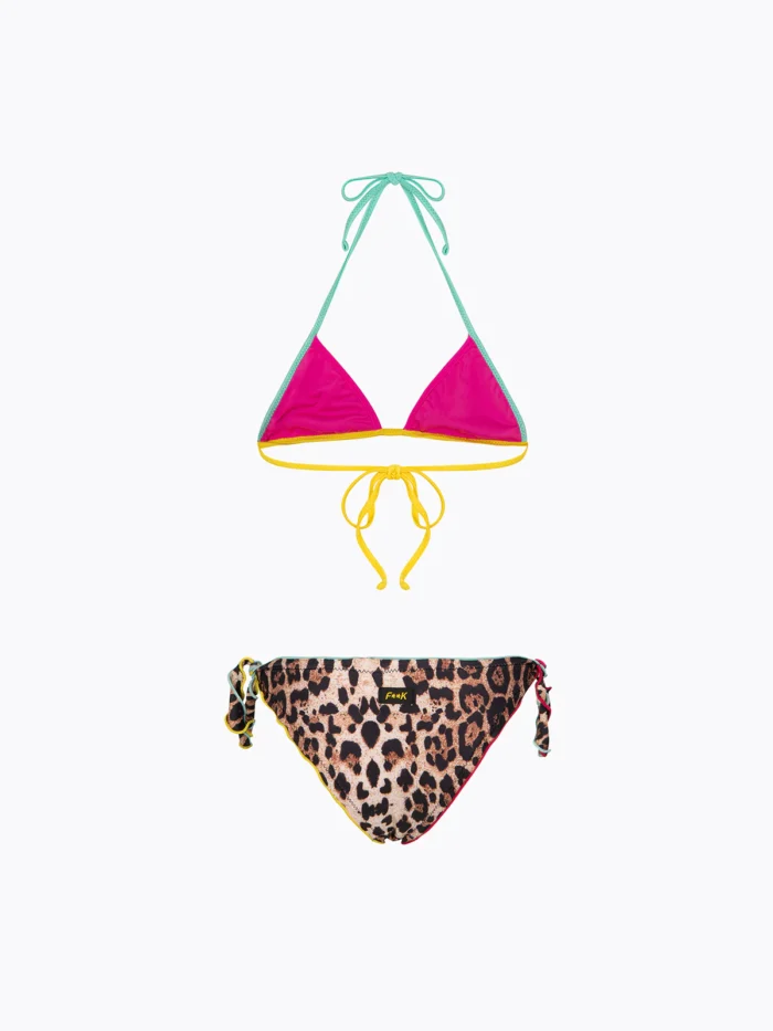 COSTUME BIMBA EFFEK A DUE PEZZI DELLA STAGIONE ESTATE 2026. TRIANGOLO E SLIP LEOPARDATO CON PROFILI COLORATI