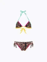 COSTUME BIMBA EFFEK A DUE PEZZI DELLA STAGIONE ESTATE 2026. TRIANGOLO E SLIP LEOPARDATO CON PROFILI COLORATI