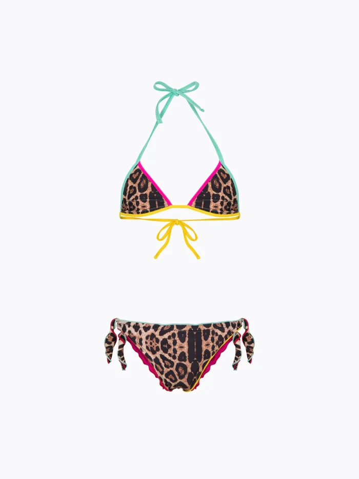 COSTUME BIMBA EFFEK A DUE PEZZI DELLA STAGIONE ESTATE 2026. TRIANGOLO E SLIP LEOPARDATO CON PROFILI COLORATI