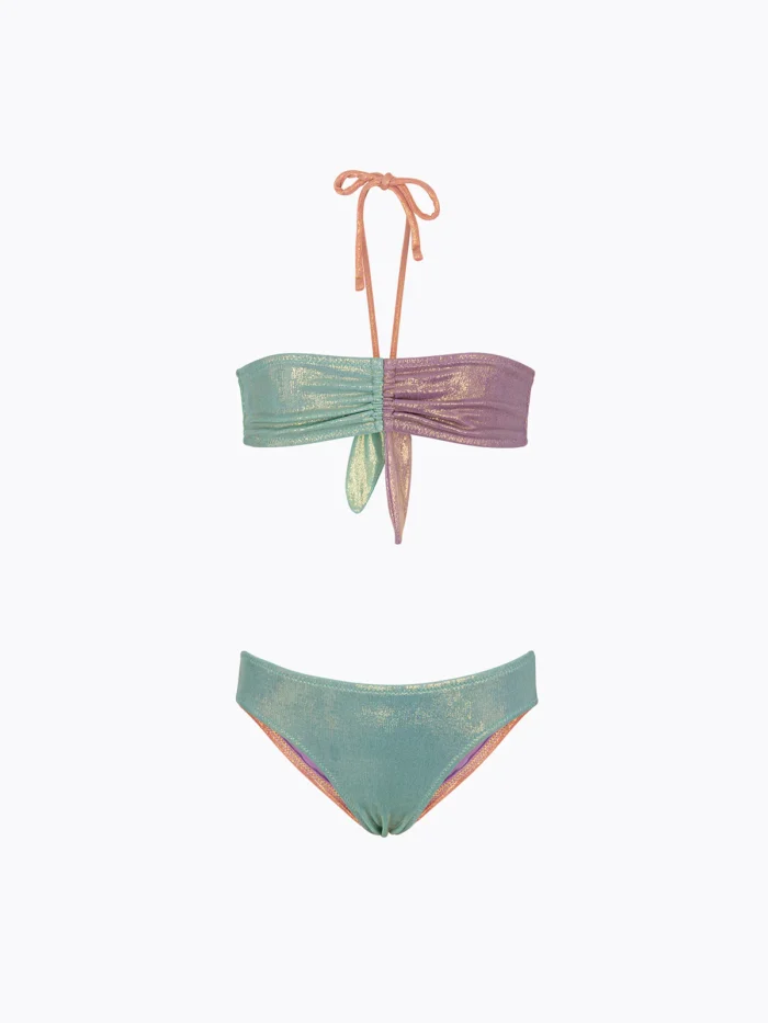 COSTUME BIMBA EFFEK A DUE PEZZI DELLA STAGIONE ESTATE 2026. FASCIA LAMINATA VERDE ACQUA, LILLA E ROSA