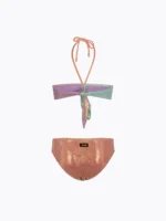 COSTUME BIMBA EFFEK A DUE PEZZI DELLA STAGIONE ESTATE 2026. FASCIA LAMINATA VERDE ACQUA, LILLA E ROSA