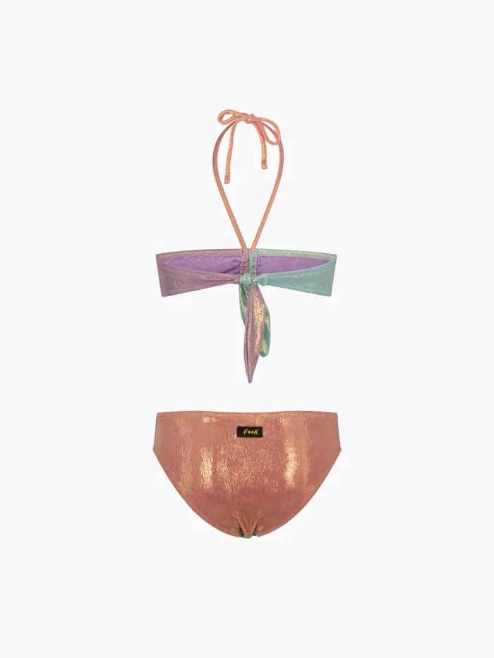 COSTUME BIMBA EFFEK A DUE PEZZI DELLA STAGIONE ESTATE 2026. FASCIA LAMINATA VERDE ACQUA, LILLA E ROSA