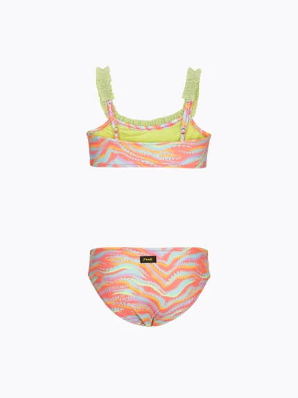 COSTUME BIMBA EFFEK A DUE PEZZI DELLA STAGIONE ESTATE 2026. TOP E SLIP MULTICOLORS CON PASSAMANERIA IN LUREX