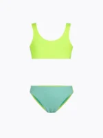 COSTUME BIMBA EFFEK A DUE PEZZI DELLA STAGIONE ESTATE 2026. TOP E SLIP TESSUTO A COSTINE VERDE ACQUA E GIALLO FLUO