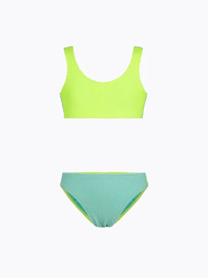 COSTUME BIMBA EFFEK A DUE PEZZI DELLA STAGIONE ESTATE 2026. TOP E SLIP TESSUTO A COSTINE VERDE ACQUA E GIALLO FLUO