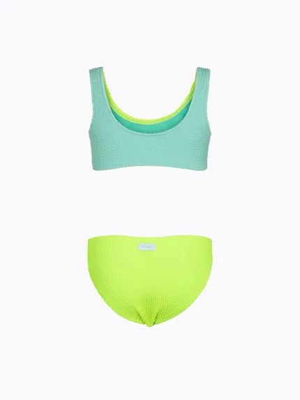 COSTUME BIMBA EFFEK A DUE PEZZI DELLA STAGIONE ESTATE 2026. TOP E SLIP TESSUTO A COSTINE VERDE ACQUA E GIALLO FLUO