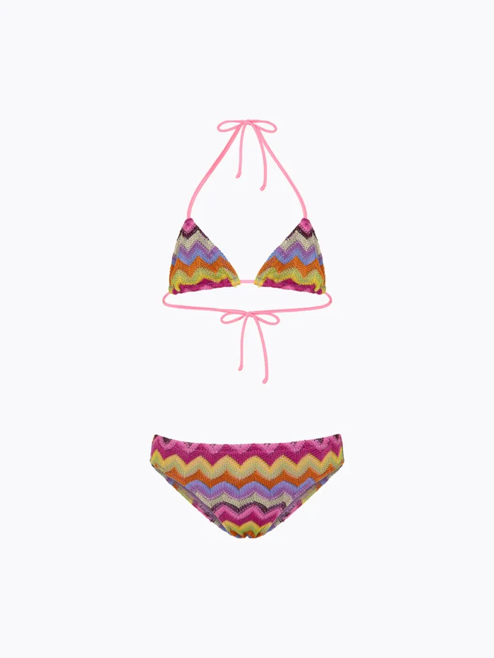 COSTUME BIMBA EFFEK A DUE PEZZI DELLA STAGIONE ESTATE 2026. TRIANGOLO TESSUTO IN RILIEVO MULTICOLOR