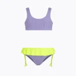 COSTUME BIMBA EFFEK A DUE PEZZI DELLA STAGIONE ESTATE . TESSUTO A COSTINE. TOP E SLIP LILLA CON FRAPPE GIALLO FLUO