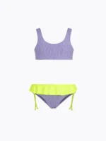 COSTUME BIMBA EFFEK A DUE PEZZI DELLA STAGIONE ESTATE . TESSUTO A COSTINE. TOP E SLIP LILLA CON FRAPPE GIALLO FLUO