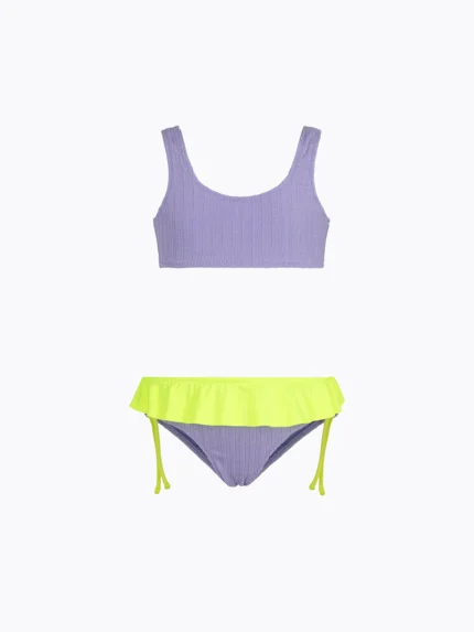 COSTUME BIMBA EFFEK A DUE PEZZI DELLA STAGIONE ESTATE . TESSUTO A COSTINE. TOP E SLIP LILLA CON FRAPPE GIALLO FLUO