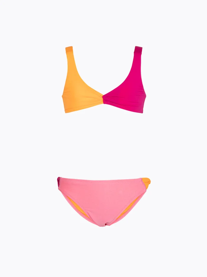COSTUME BIMBA EFFEK A DUE PEZZI DELLA STAGIONE ESTATE 2026. TOP NEI COLORI FUCSIA, ROSA E ARANCIO