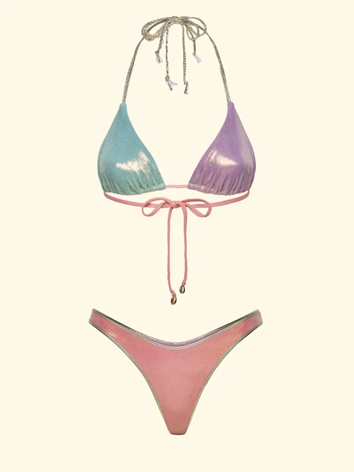 COSTUME DONNA EFFEK TRIANGOLO TESSUTO LAMINATO VERDE ACQUA, ROSA E LILLA - immagine 3