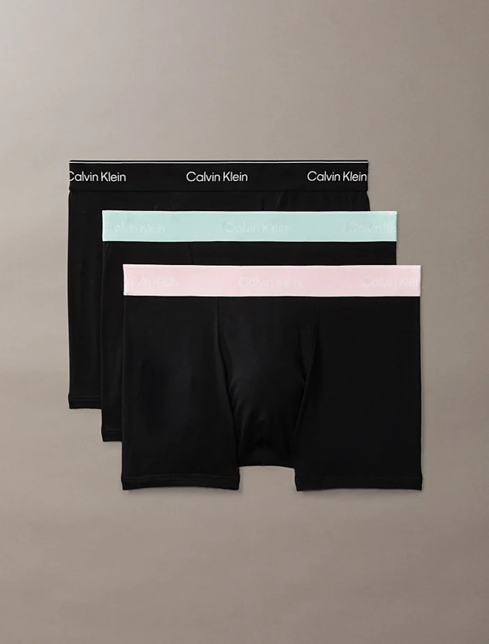 CONFEZIONE DA 3 BOXER UOMO DI CALVIN KLEIN IN COTONE ELASTICIZZATO NERO CON ELASTICO COLORATO ROSA, VERDE ACQUA E NERO