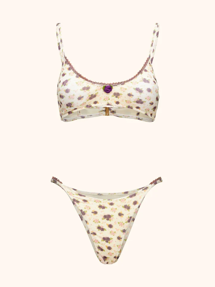 TOP ME FUI BIANCO CON FIORELLINI VIOLA E ROSA E PASSAMANERIA VIOLA - immagine 4