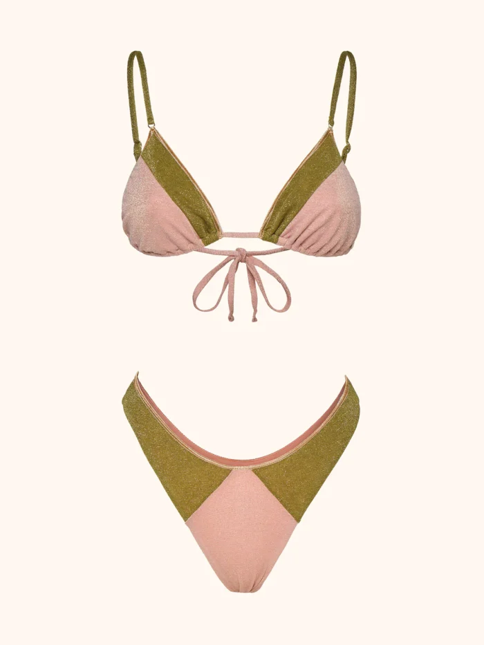 COSTUME DONNA ME FUI TRIANGOLO LUREX ROSA CIPRIA E VERDE MILITARE - immagine 4