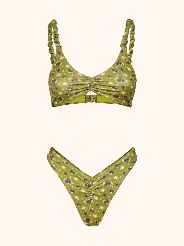 COSTUME DONNA ME FUI BRASSIERE CLASSICA BRETELLINA ARRICCIATA VERDE CON FIORELLINI - immagine 2