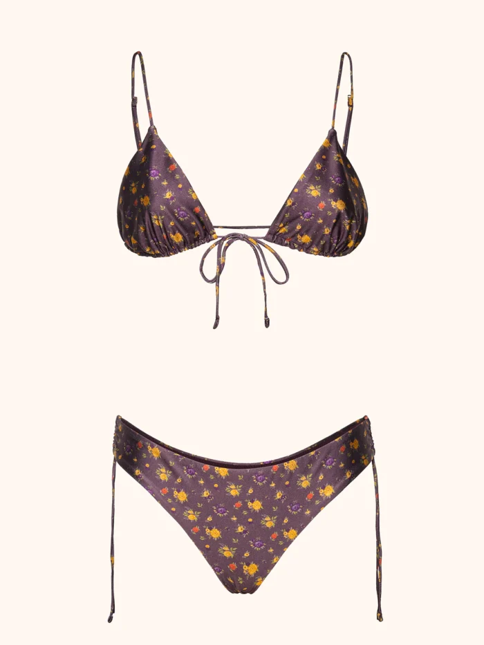 COSTUME DONNA ME FUI TRIANGOLO CON ALLACCIO TRA LE COPPE E SLIP VIOLA CON FIORELLINI - immagine 3