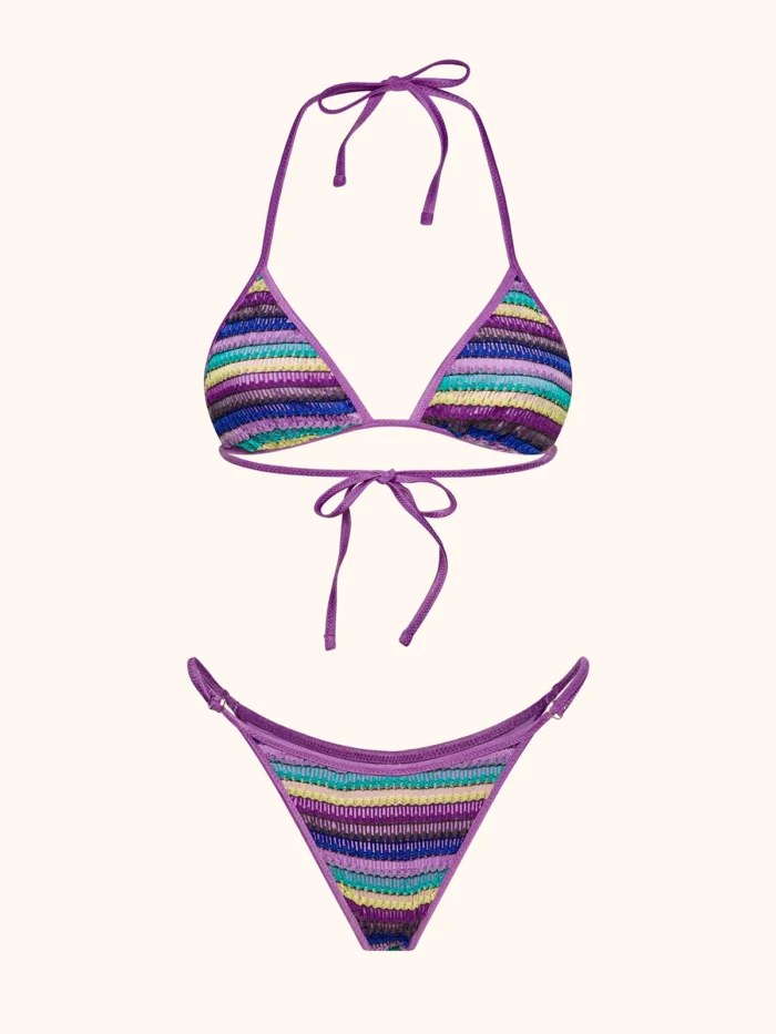 COSTUME DONNA ME FUI TRIANGOLO TESSUTO LAVORATO A RIGHE LILLA, VIOLA E VERDE - immagine 8
