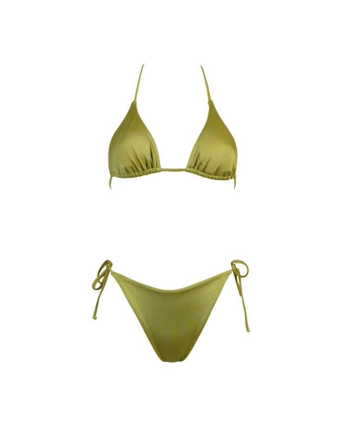 COSTUME DONNA MATINEE A DUE PEZZI DELLA STAGIONE ESTATE 2026. TRIANGOLO KATE IN LYCRA LUCIDA VERDE