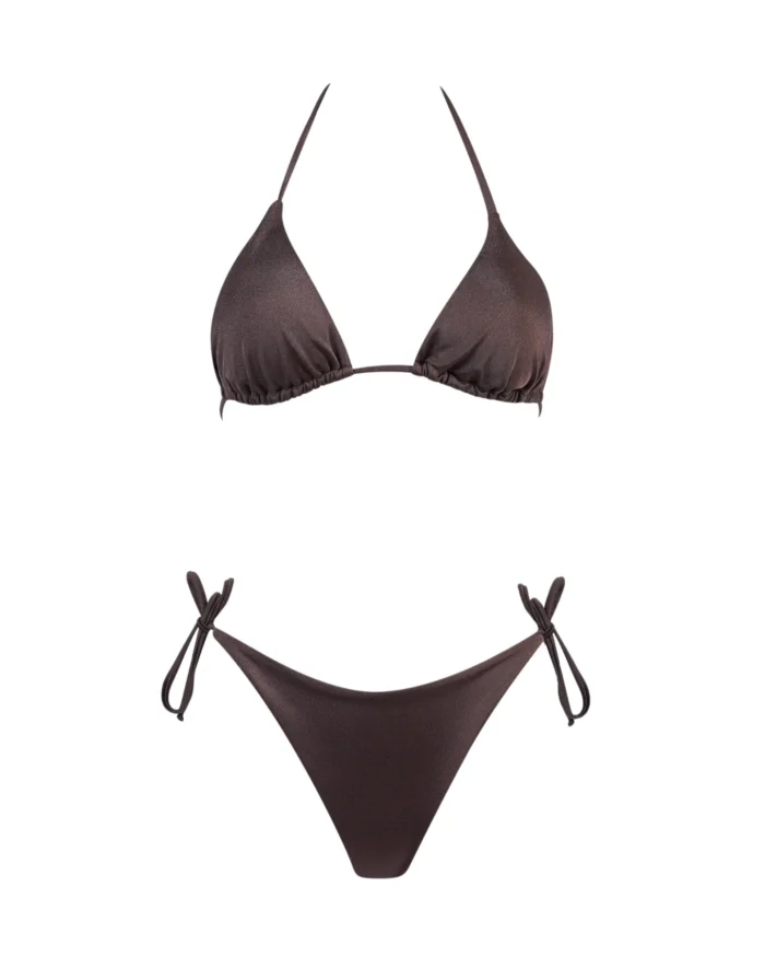 COSTUME DONNA MATINEE A DUE PEZZI DELLA STAGIONE ESTATE 2026. TRIANGOLO KATE IN LYCRA LUCIDA MARRONE