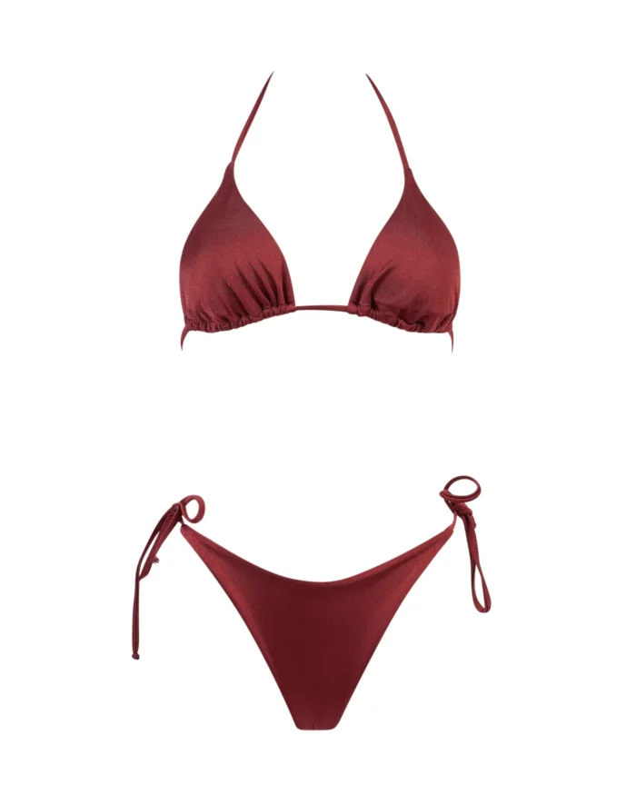 COSTUME DONNA MATINEE A DUE PEZZI DELLA STAGIONE ESTATE 2026. TRIANGOLO KATE IN LYCRA LUCIDA VINO