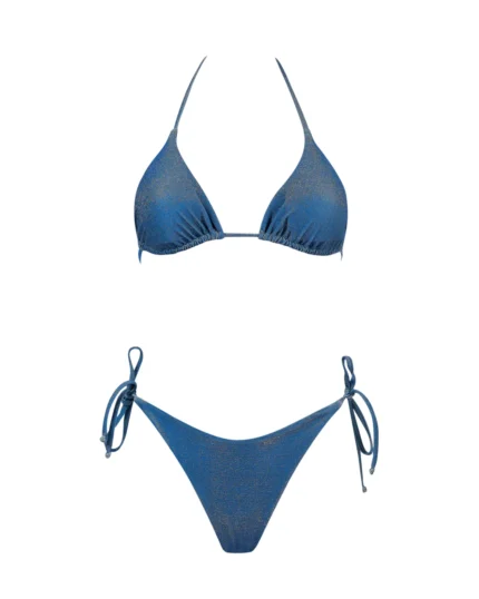 COSTUME DONNA MATINEE A DUE PEZZI DELLA STAGIONE ESTATE 2026. TRIANGOLO IN TESSUTO LUREX NEL COLORE BLU