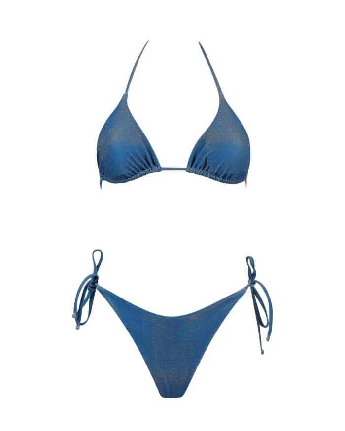 COSTUME DONNA MATINEE A DUE PEZZI DELLA STAGIONE ESTATE 2026. TRIANGOLO IN TESSUTO LUREX NEL COLORE BLU