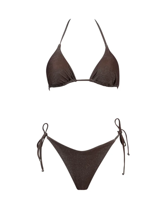 COSTUME DONNA MATINEE A DUE PEZZI DELLA STAGIONE ESTATE 2026. TRIANGOLO IN TESSUTO LUREX NEL COLORE MARRONE